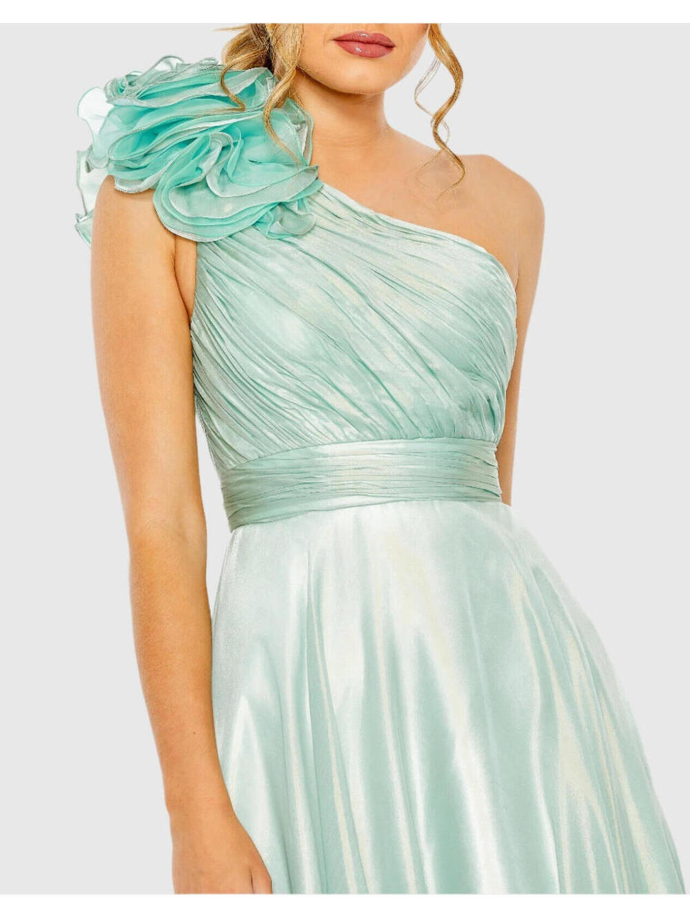 New Mac Duggal Rosette One Shoulder Tea Length Dress In Sage Size 6 - Picture 2 of 10